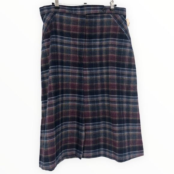 70’s Vintage Wool Blend Blue Purple Plaid Midi Skirt Deadstock Waist size 32 - Picture 6 of 11